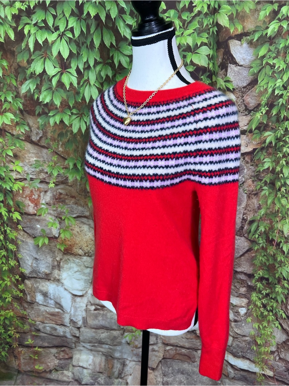J. CREW Red Classic Prep Fair Isle Nordic Pure Cashmere Pullover Sweater, S - Picture 3 of 10
